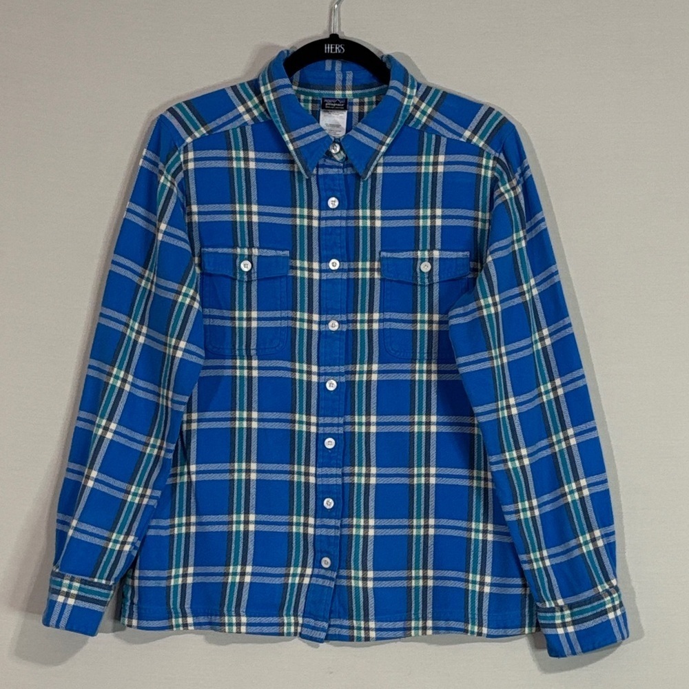 Patagonia Women’s Organic Cotton Plaid Button-Down Shirt Size 10 Blue Green